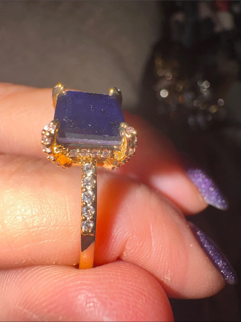 bp Gold Ring with Royal Blue Emerald-Cut Stone